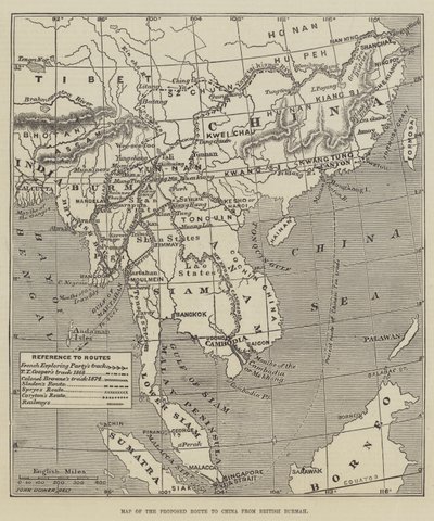 イギリスのビルマから中国への提案されたルートの地図 作： John Dower
